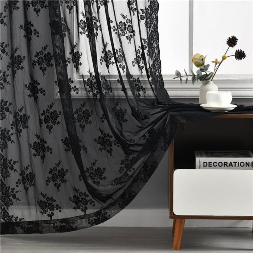 Black Lace Curtains 84 Inches Long -Vintage Floral Black Sheer Curtains 2 Panels